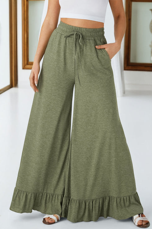 Pull On Elastic High Waist Drawstring Pocket Ruffle Hem Wide Leg Pants